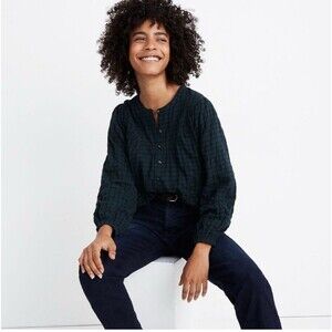 Madewell Balloon-Sleeve Peasant Top Plaid Button Front Blouse Green Sz L